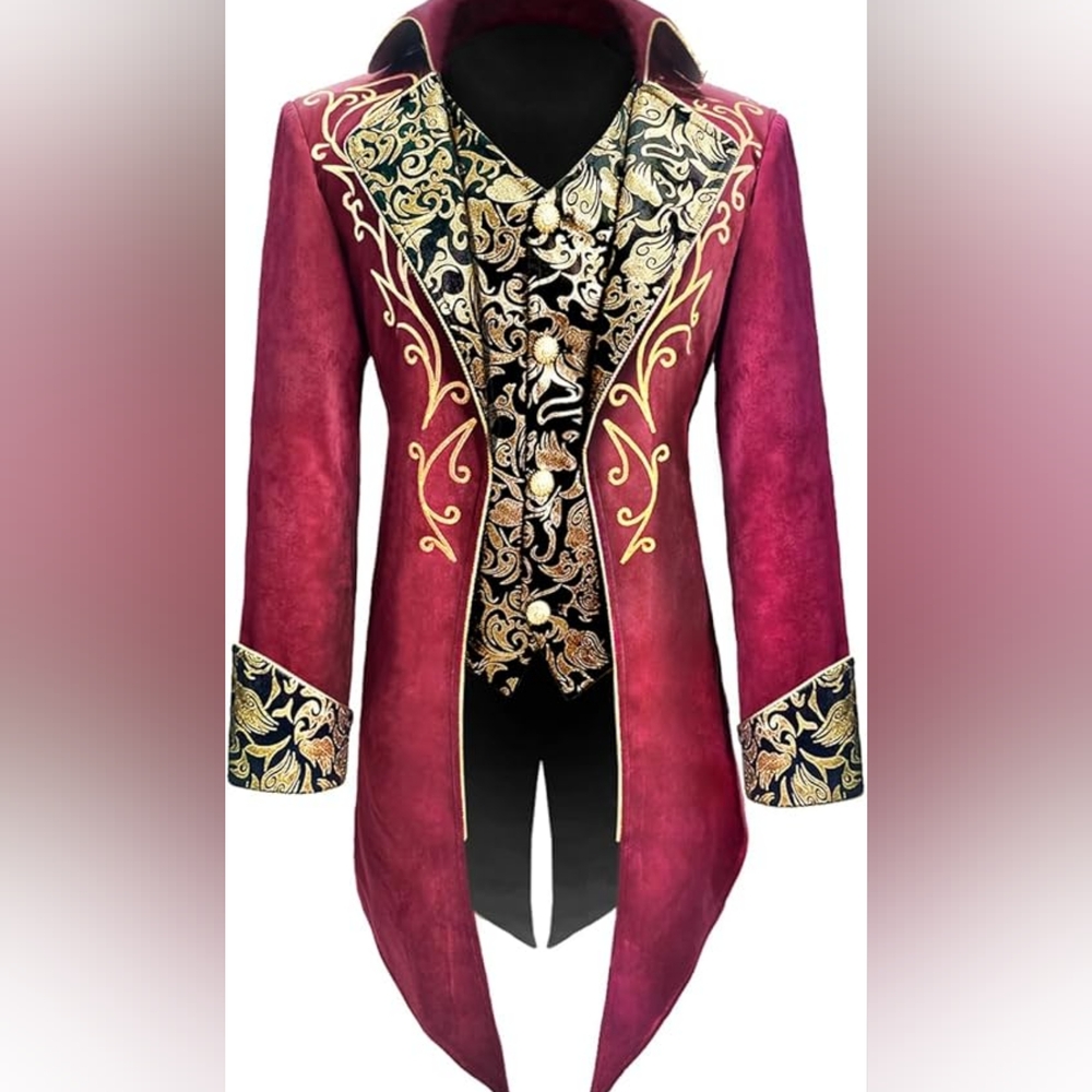 Elegant Victorian Inspired Red Embroidered Men's Steampunk Tailcoat